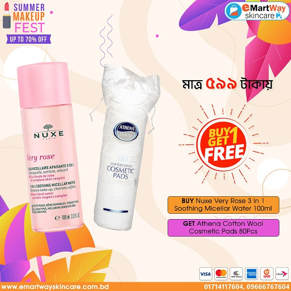 Buy 1 Get 1 (Buy 1 Nuxe Very Rose 3 In 1 Soothing Micellar Water 100ml Get 1 Athena Cotton Wool Cosmetic Pads 80Pcs Free)